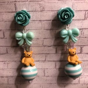 Teddy bear star bow mint earrings stripe chunky